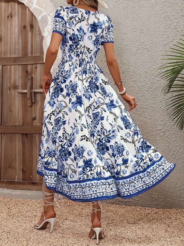 Women's Floral Print Square Neck A-Line Dress
