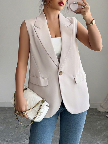 Pockets Buttoned Sleeveless Loose Notched Collar Vest Top Blazer