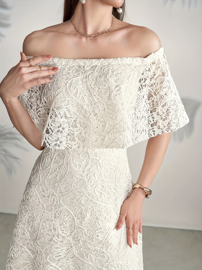 Elegant White Off-Shoulder Lace Dress for Women - Chic A-Line Maxi, Floral Lace Detailing, Polyester Blend