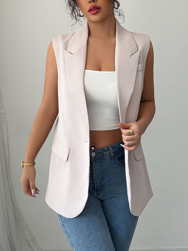 Pockets Buttoned Sleeveless Loose Notched Collar Vest Top Blazer