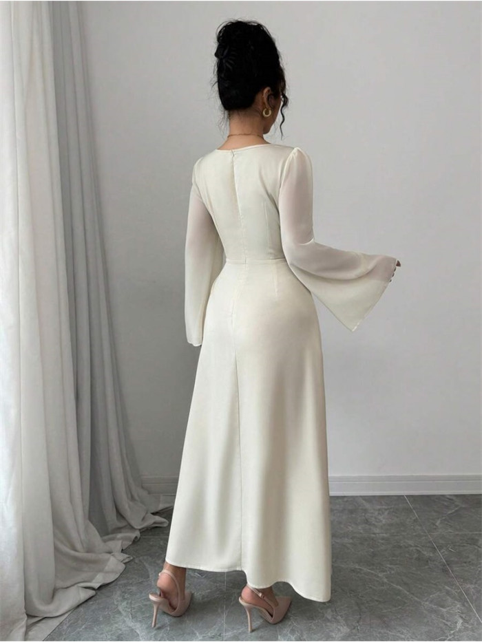 Elegant Beige Crew Neck Formal Wide Sleeves Midi Dress