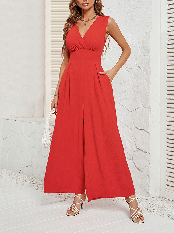Split-Joint Solid Color Pleated Wide Leg Sleeveless V-neck Jumpsuits
