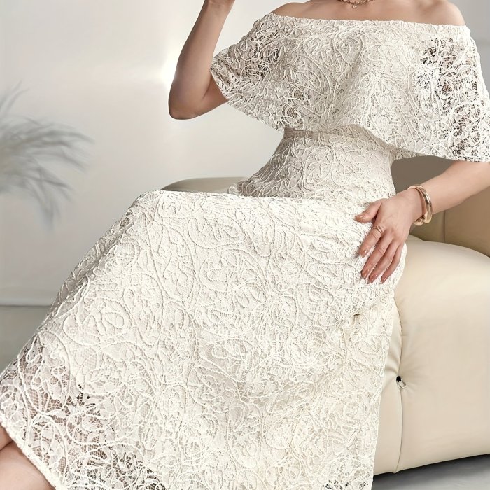 Elegant White Off-Shoulder Lace Dress for Women - Chic A-Line Maxi, Floral Lace Detailing, Polyester Blend