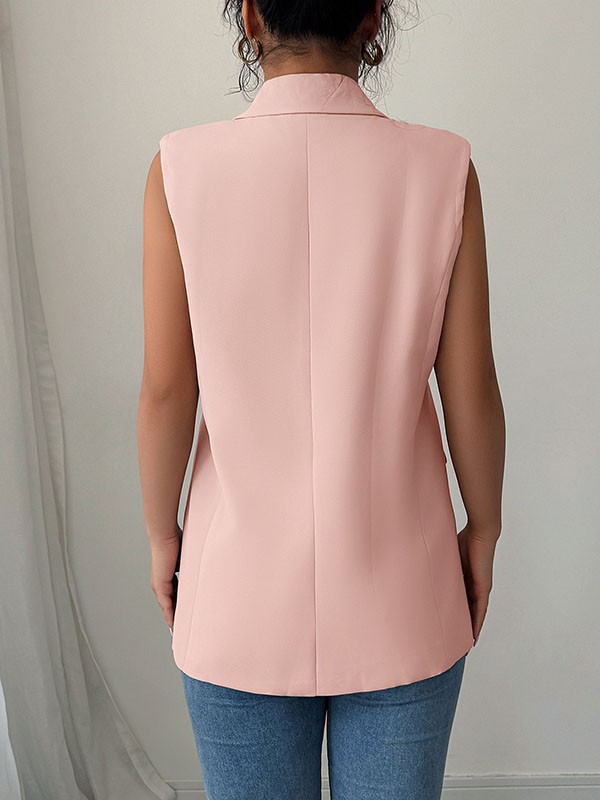 Pockets Buttoned Sleeveless Loose Notched Collar Vest Top Blazer