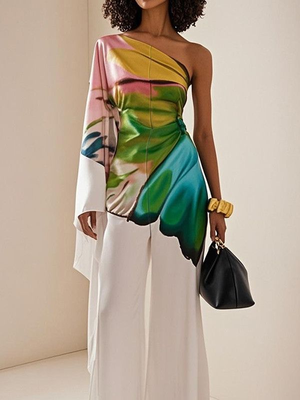 Pleated Flower Print Wide Leg Loose One-Shoulder Jumpsuits