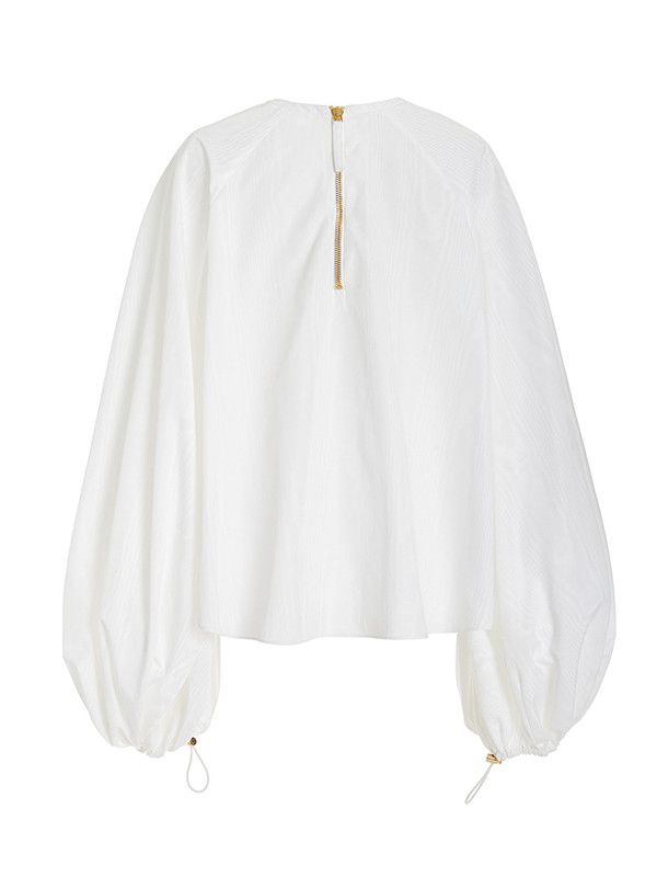 Split-Joint Solid Color See-Through Pleated Puff Sleeves Loose Round-neck Blouses&shirts Tops
