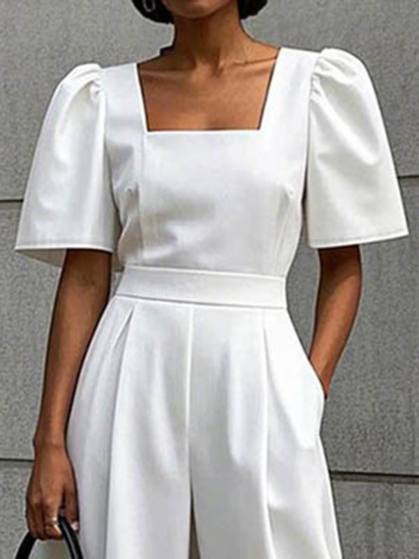 Split-Joint Solid Color Pleated Puff Sleeves Loose Square-neck Jumpsuits