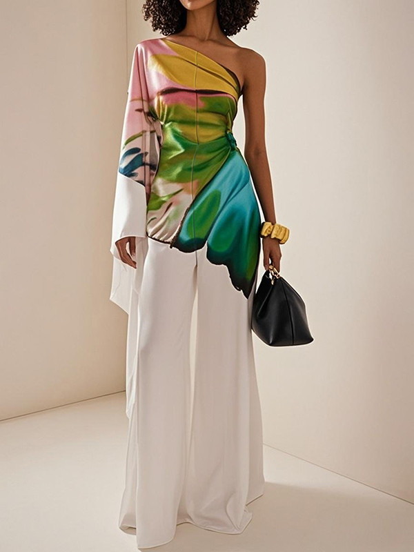 Pleated Flower Print Wide Leg Loose One-Shoulder Jumpsuits