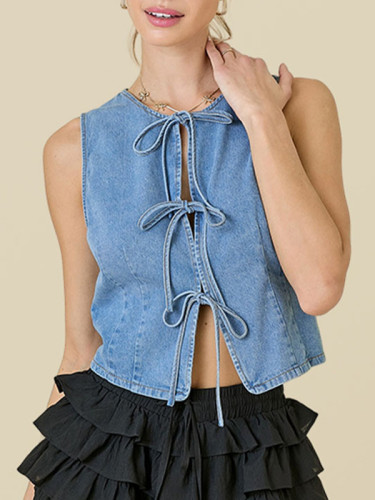 Split-Joint Lace-Up Sleeveless Loose Round-Neck Vest Top