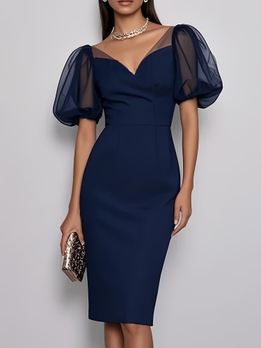 Elegant V-Neck Solid Color Sleeveless Cinched Waist Midi Dress
