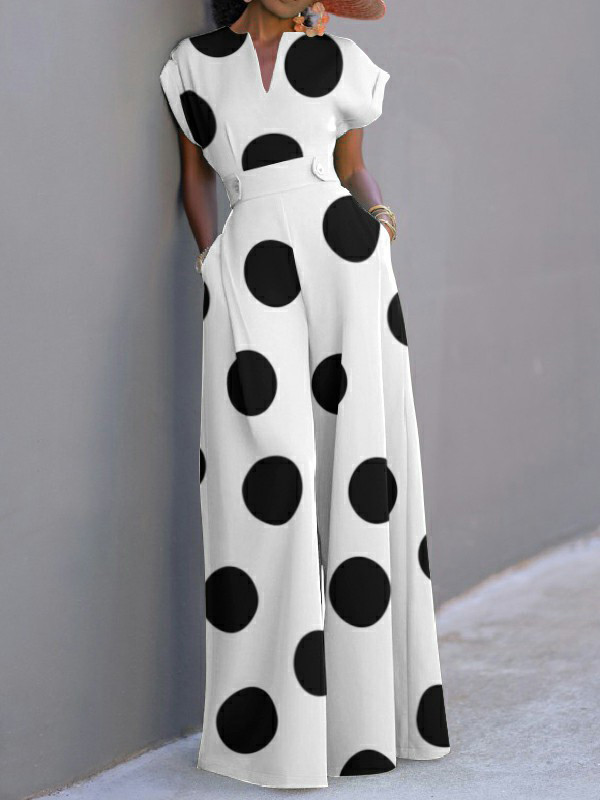 Polka-Dot Wide Leg Short Sleeves V-Neck Jumpsuits