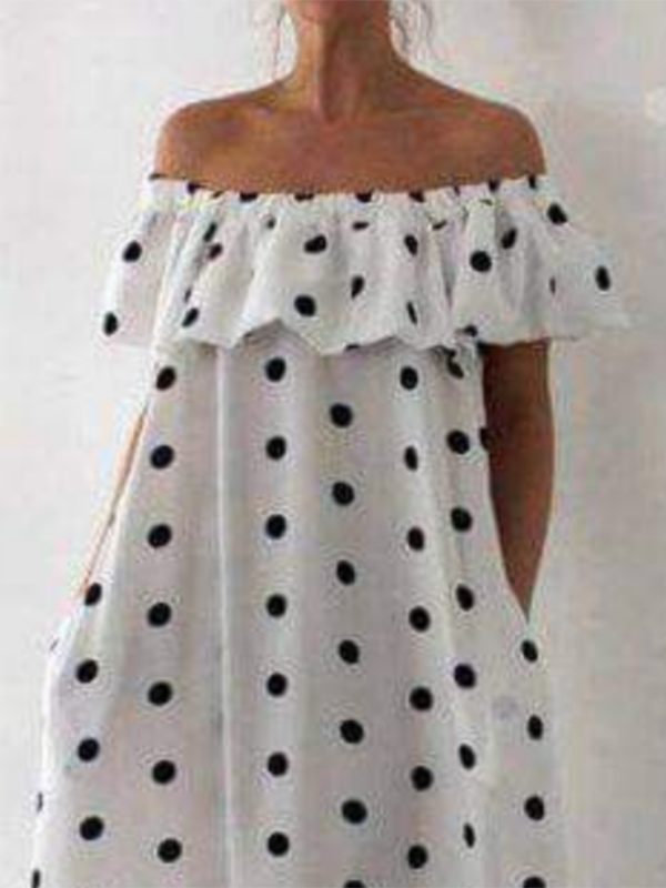 Polka-Dot Falbala Loose Off-The-Shoulder Maxi Dresses