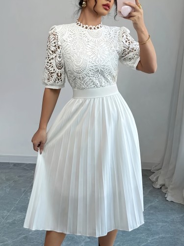 Women's Elegant Pleated Bubble Sleeve Slim Fit Waist Contrast Lace Decor Dress in Stretch Fabric
