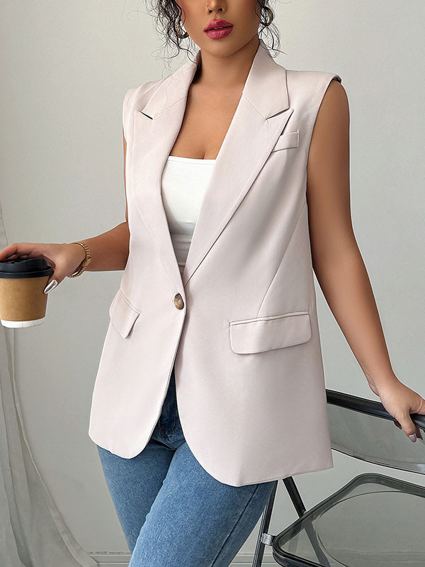 Pockets Buttoned Sleeveless Loose Notched Collar Vest Top Blazer