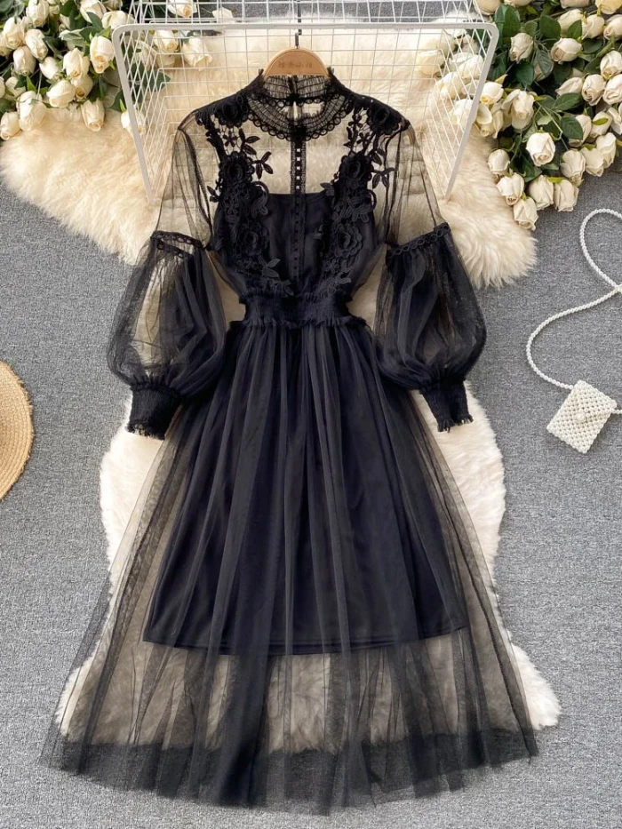 Flower Hook Mesh Temperament Stand Collar Lantern Sleeve High Waist Slim  Dresses