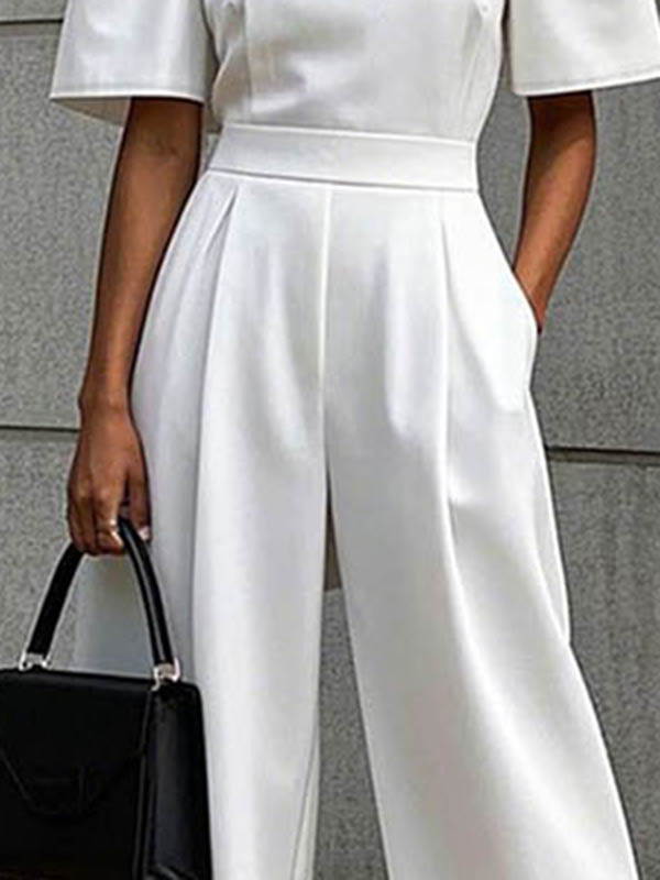 Split-Joint Solid Color Pleated Puff Sleeves Loose Square-neck Jumpsuits