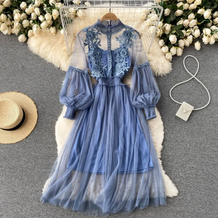 Flower Hook Mesh Temperament Stand Collar Lantern Sleeve High Waist Slim  Dresses