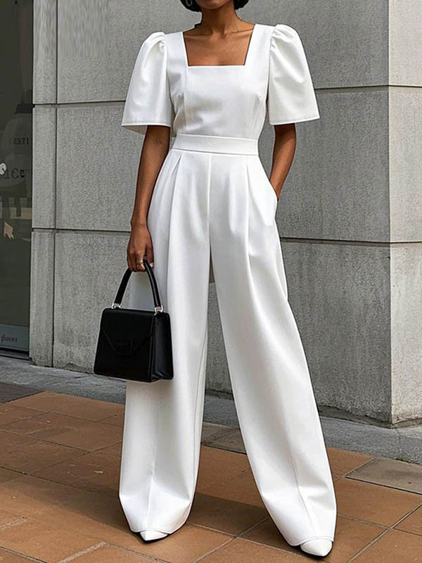 Split-Joint Solid Color Pleated Puff Sleeves Loose Square-neck Jumpsuits