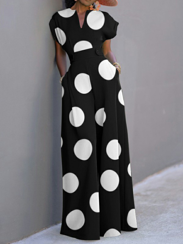 Polka-Dot Wide Leg Short Sleeves V-Neck Jumpsuits