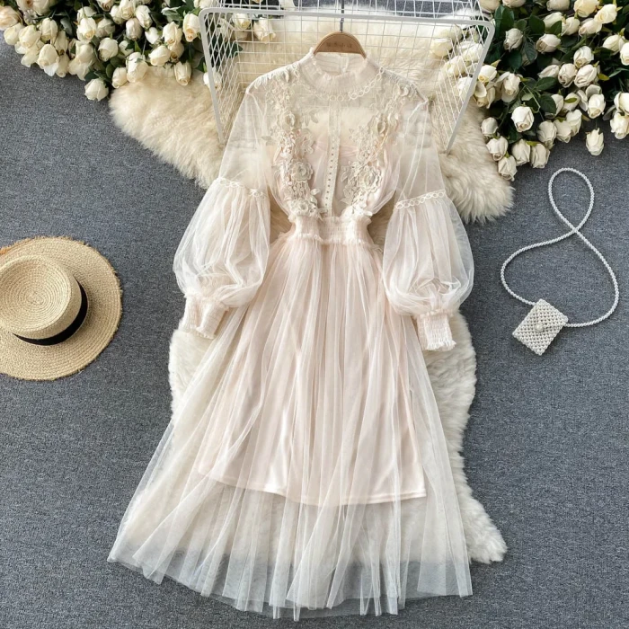 Flower Hook Mesh Temperament Stand Collar Lantern Sleeve High Waist Slim  Dresses