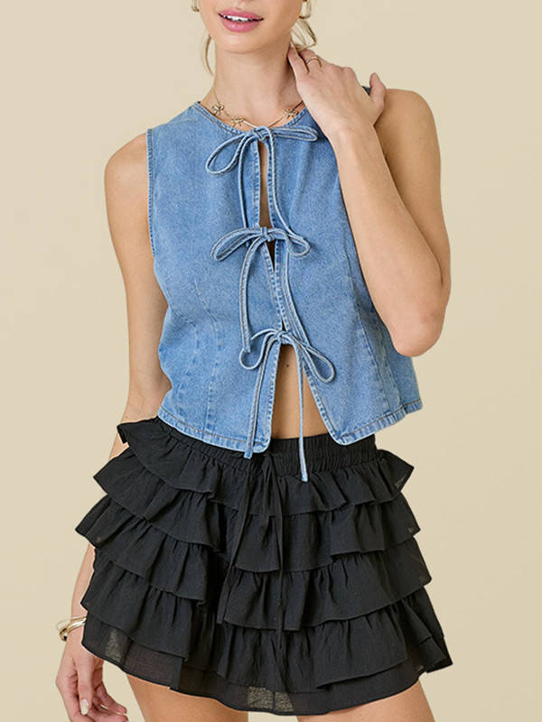 Split-Joint Lace-Up Sleeveless Loose Round-Neck Vest Top