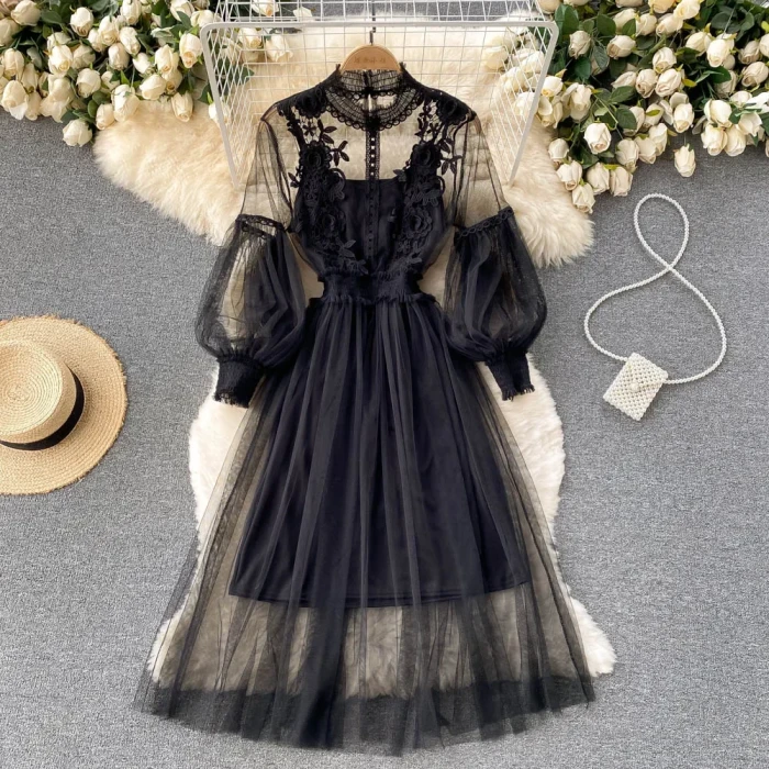 Flower Hook Mesh Temperament Stand Collar Lantern Sleeve High Waist Slim  Dresses