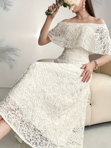 Elegant White Off-Shoulder Lace Dress for Women - Chic A-Line Maxi, Floral Lace Detailing, Polyester Blend