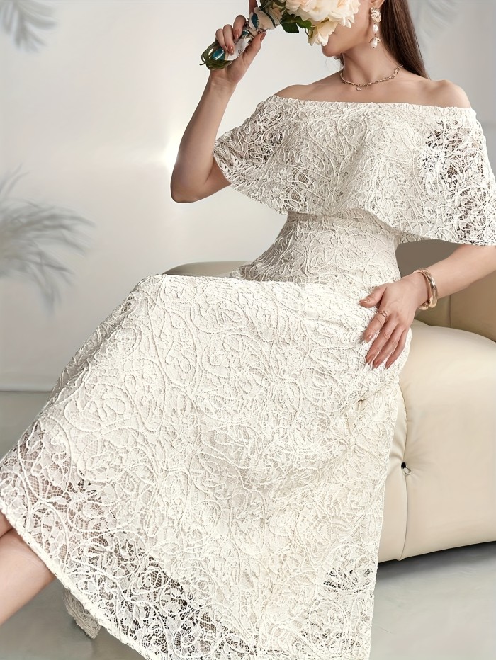 Elegant White Off-Shoulder Lace Dress for Women - Chic A-Line Maxi, Floral Lace Detailing, Polyester Blend