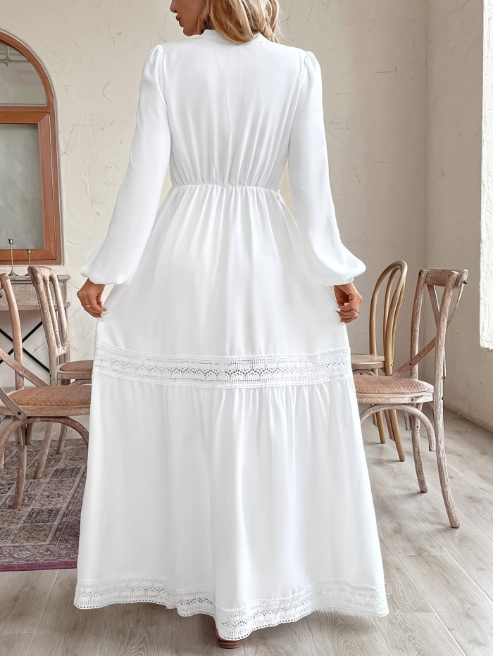 Women's Elegant V-Neck Lace Panel High-Waisted Long Dress