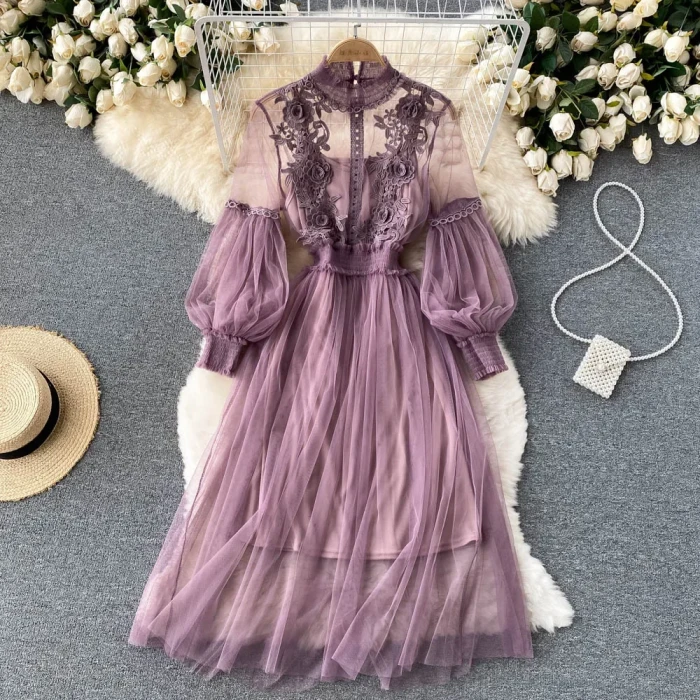 Flower Hook Mesh Temperament Stand Collar Lantern Sleeve High Waist Slim  Dresses