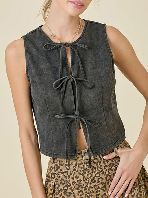 Split-Joint Lace-Up Sleeveless Loose Round-Neck Vest Top