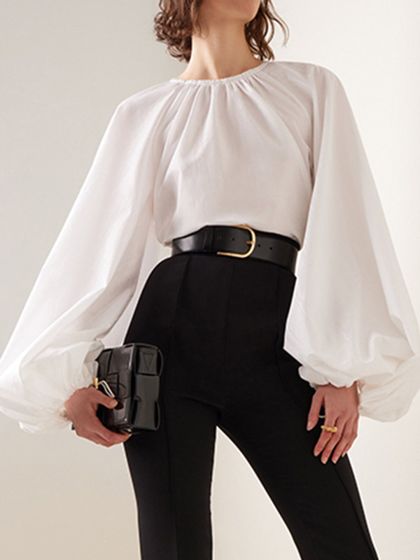 Split-Joint Solid Color See-Through Pleated Puff Sleeves Loose Round-neck Blouses&shirts Tops