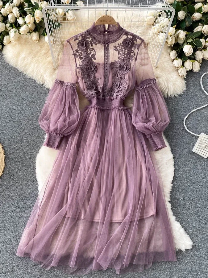 Flower Hook Mesh Temperament Stand Collar Lantern Sleeve High Waist Slim  Dresses