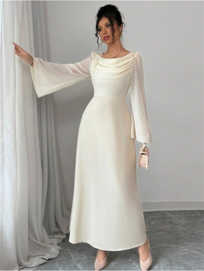 Elegant Beige Crew Neck Formal Wide Sleeves Midi Dress