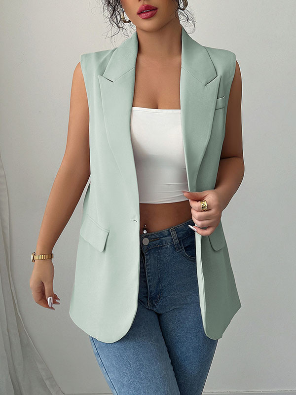 Pockets Buttoned Sleeveless Loose Notched Collar Vest Top Blazer