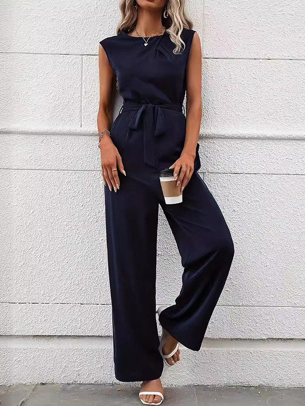 Tied Waist Split-Joint Solid Color Wide Leg Sleeveless Round-neck Jumpsuits