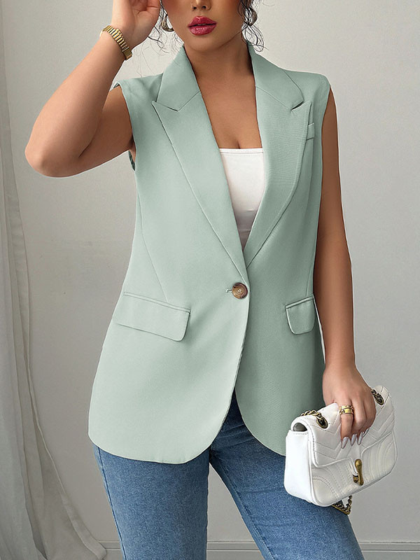 Pockets Buttoned Sleeveless Loose Notched Collar Vest Top Blazer