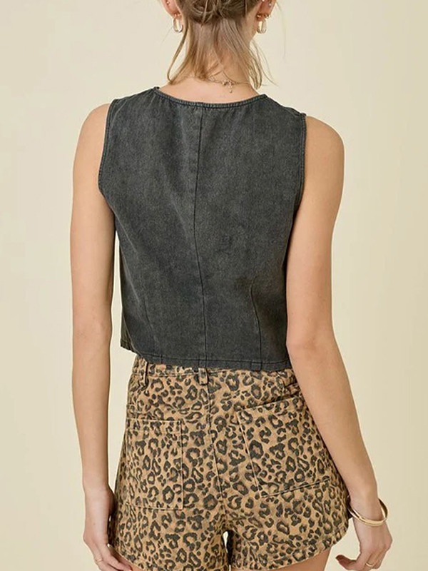 Split-Joint Lace-Up Sleeveless Loose Round-Neck Vest Top