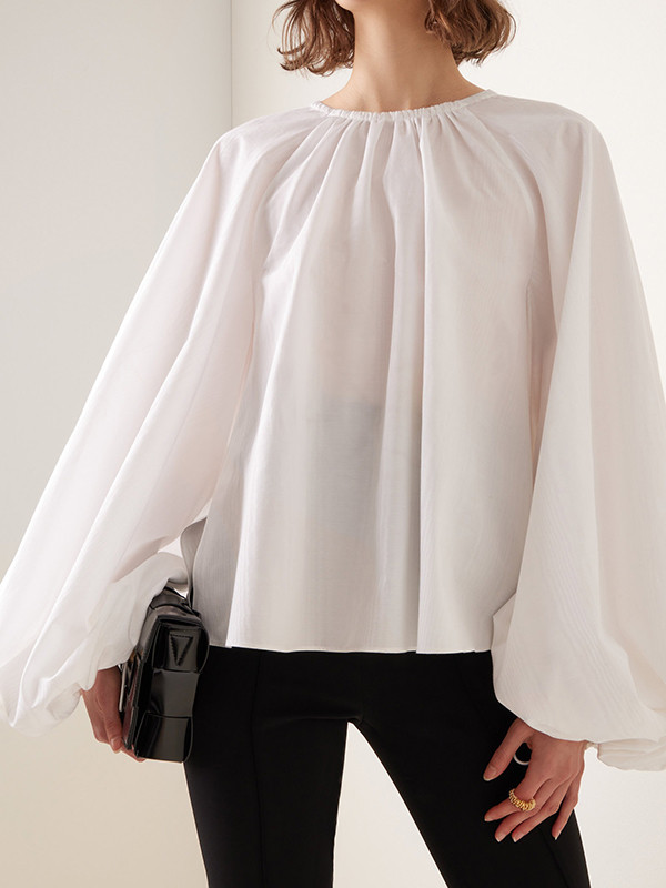 Split-Joint Solid Color See-Through Pleated Puff Sleeves Loose Round-neck Blouses&shirts Tops