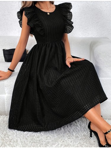 Women's Sleeveless A-Line Ruffled Neck Solid Black Small Grid Texture Dress
