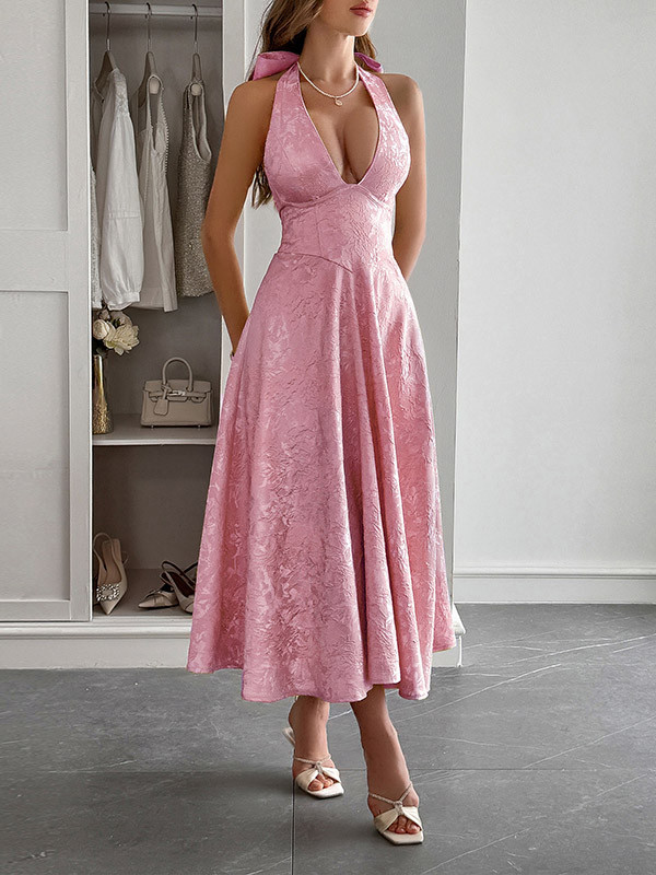 Tied Solid Color Pleated Jacquard Drawstring Backless Sleeveless Loose Halter-Neck Midi Dresses