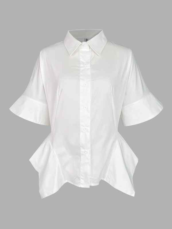 Half Sleeves Loose Buttoned Solid Color Lapel Blouses&Shirts Tops