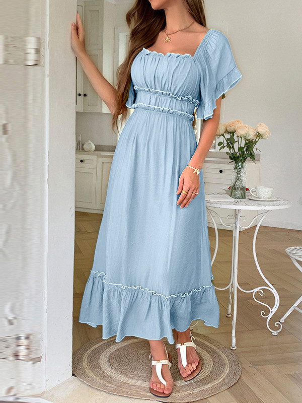 Zipper Split-Joint Ruffle Trim Pleated Short Sleeves Loose Square-Neck Midi Dresses