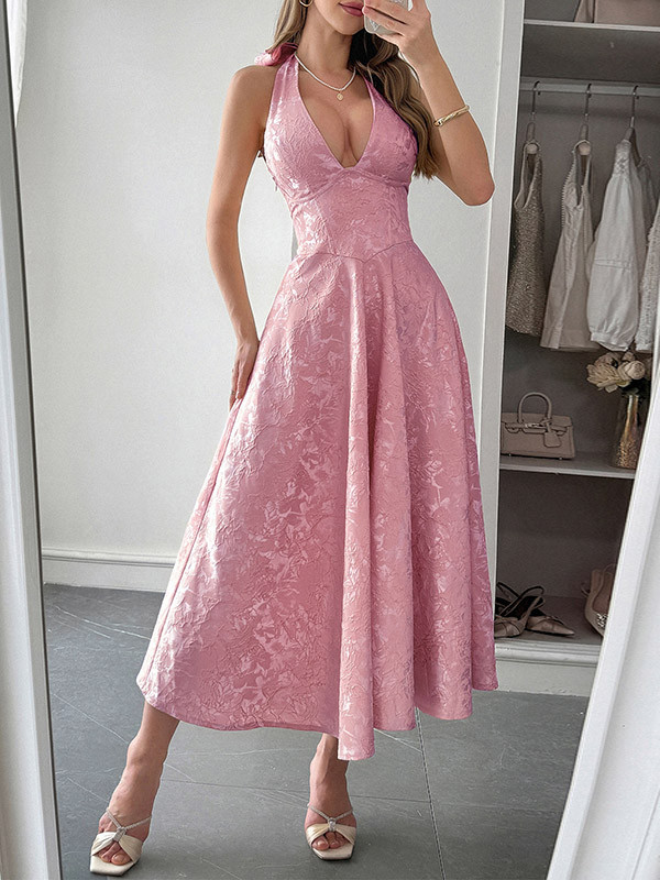 Tied Solid Color Pleated Jacquard Drawstring Backless Sleeveless Loose Halter-Neck Midi Dresses
