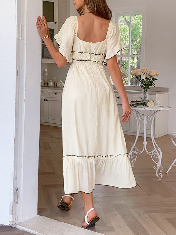 Zipper Split-Joint Ruffle Trim Pleated Short Sleeves Loose Square-Neck Midi Dresses