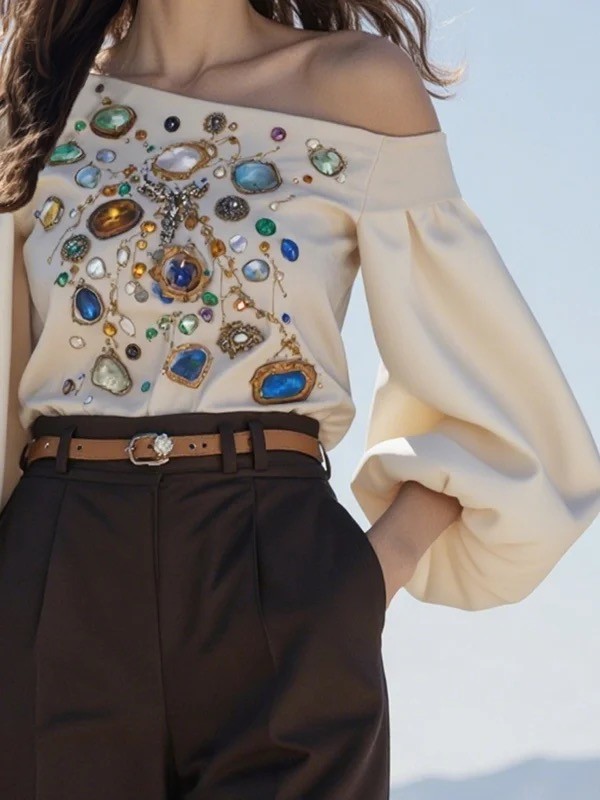 Printed Puff Sleeves Long Sleeves Off-the-shoulder Blouses&shirts Tops