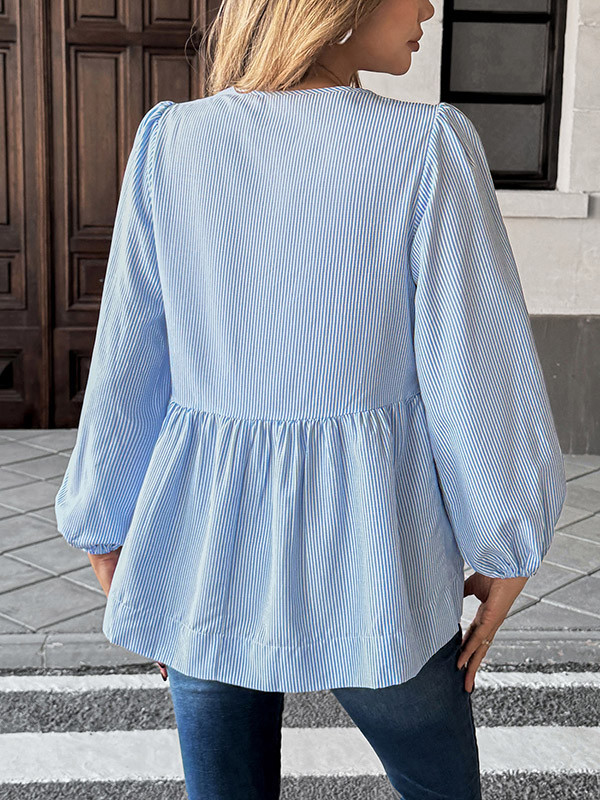 Elasticity Pleated Striped Tied Long Sleeves Loose Round-Neck Blouses&Shirts Tops