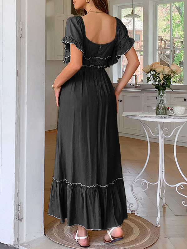 Zipper Split-Joint Ruffle Trim Pleated Short Sleeves Loose Square-Neck Midi Dresses