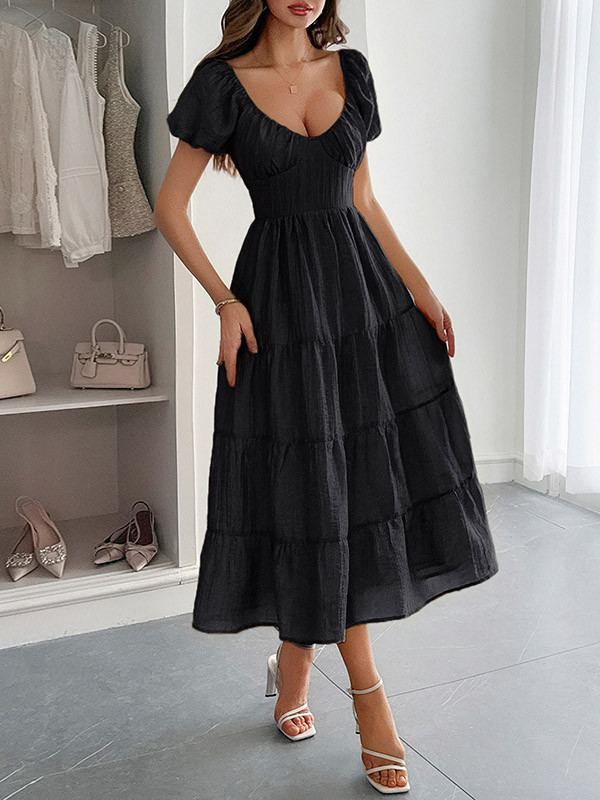 Tied Solid Color Pleated Backless Puff Sleeves Loose V-Neck Midi Dresses
