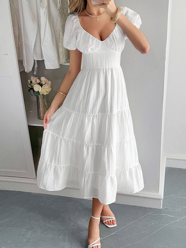 Tied Solid Color Pleated Backless Puff Sleeves Loose V-Neck Midi Dresses